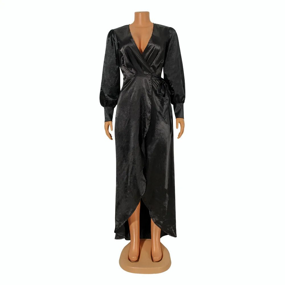 Bandage V-neck Long Sleeve maxi Dress