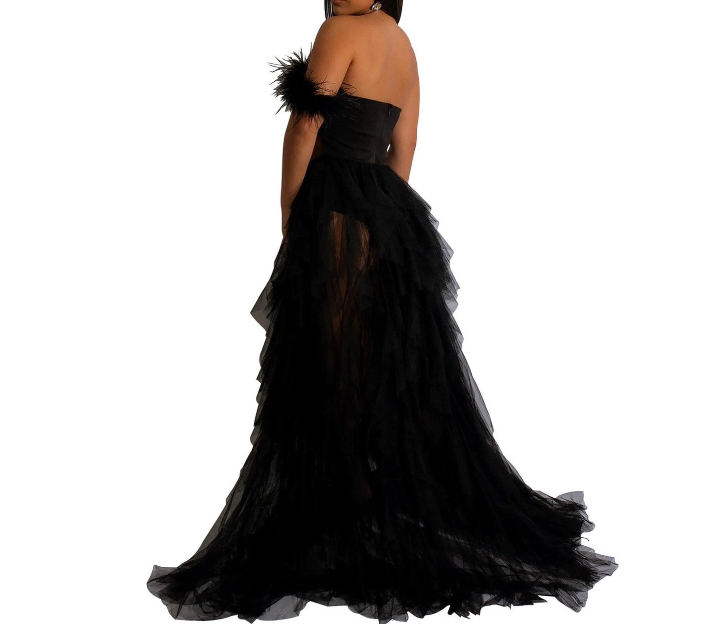 Women Elegant One Shoulder Mesh Feather Dress