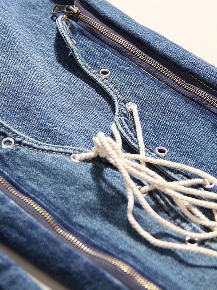 Jeans High Waist Zip Fly Removable Bandage Pants Female EMJP TRENDS