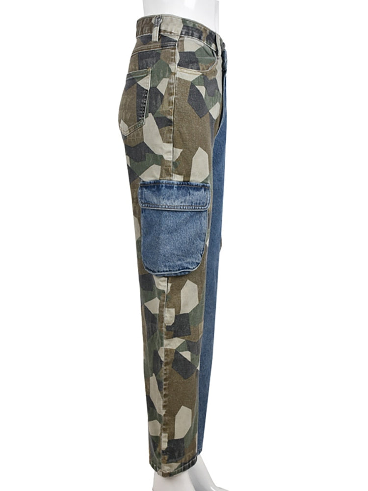 Patchwork High Waist Long Straight Camouflage Denim Pants EMJP TRENDS