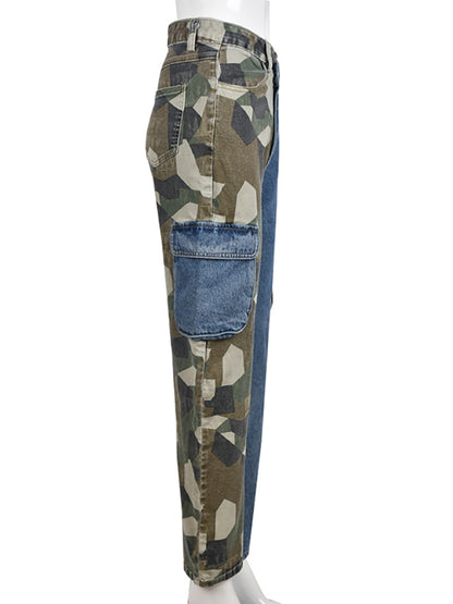 Patchwork High Waist Long Straight Camouflage Denim Pants EMJP TRENDS