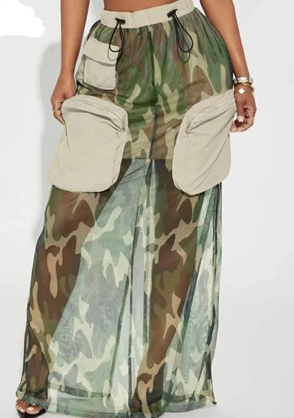 Mesh Patchwork Camouflage Cargo Skirt