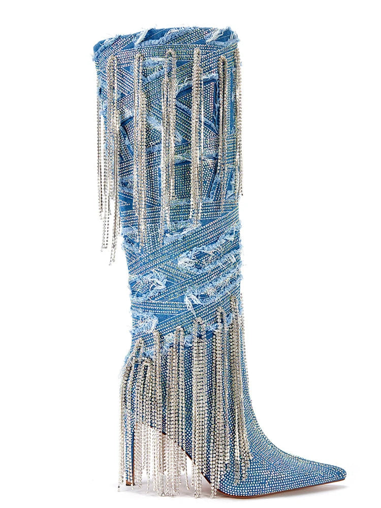 Thin Heels Long  Blue Denim Boots