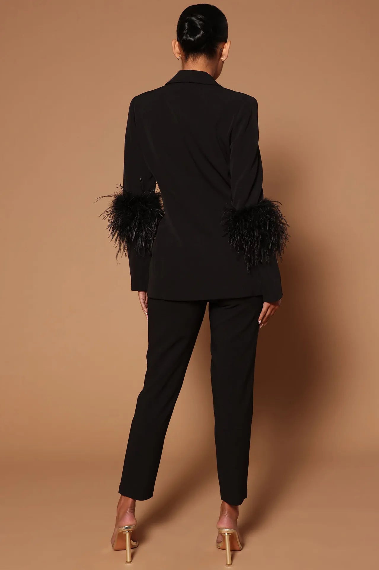 Fur Hem Long Sleeve Blazer Suit and Pants Suits