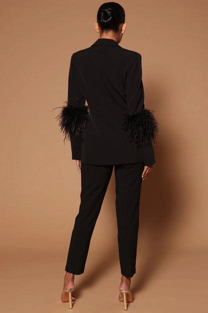 Fur Hem Long Sleeve Blazer Suit and Pants Suits