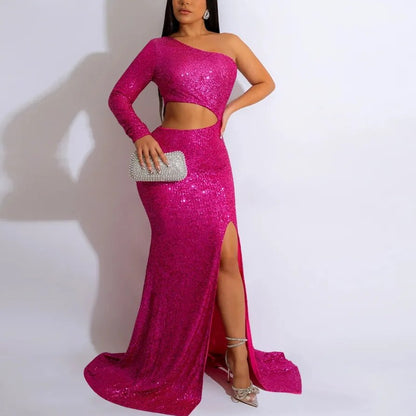 Solid Sequins O-neck One Shoulder Maxi Dress