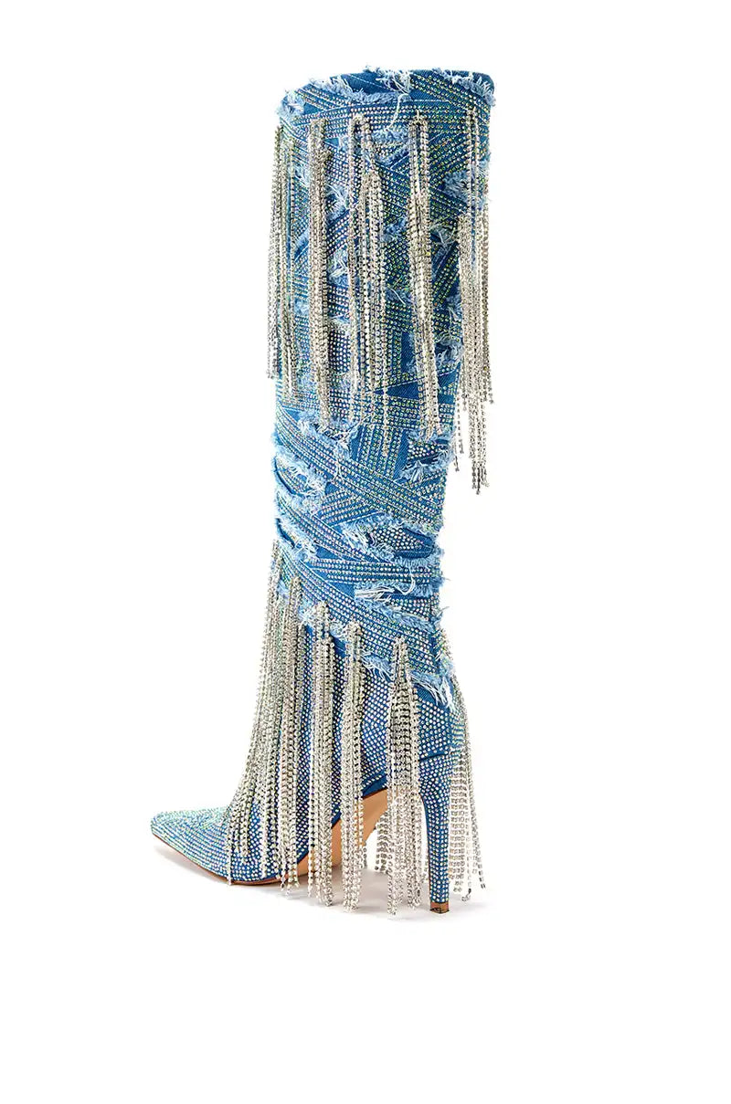 Thin Heels Long  Blue Denim Boots