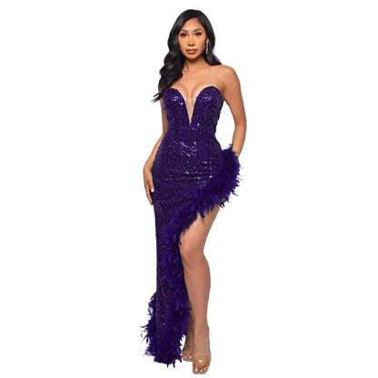 Off Shoulder Sequin Feather Dress