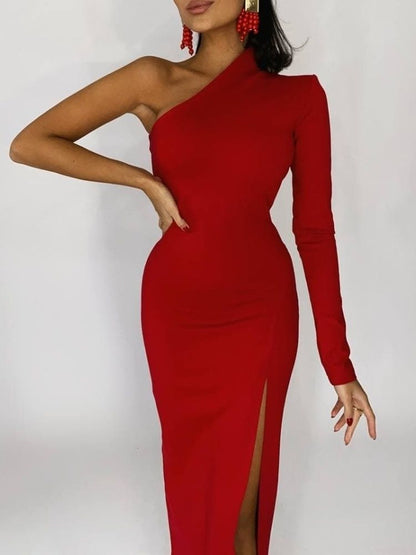 One Shoulder Maxi Dress Bodycon Sexy Black Slit Formal Dress