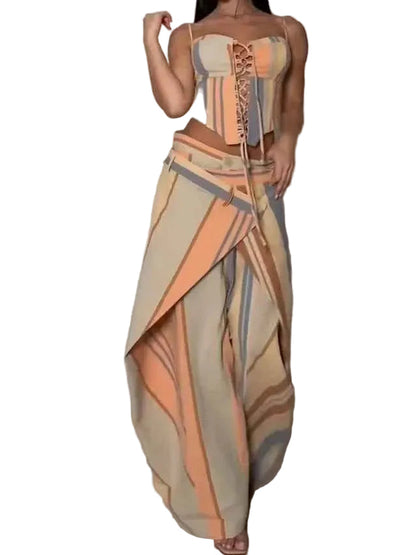 Patchwork Slash Top Pleated Trousers Set