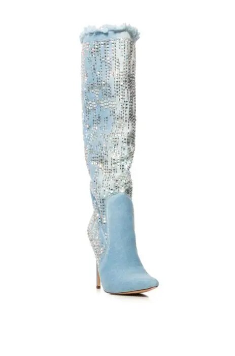 Light Blue Denim Knee High Boots