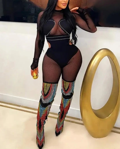 Women's Mesh Patchwork Rhinestone Jumpsuit