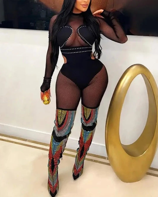 Women's Mesh Patchwork Rhinestone Jumpsuit