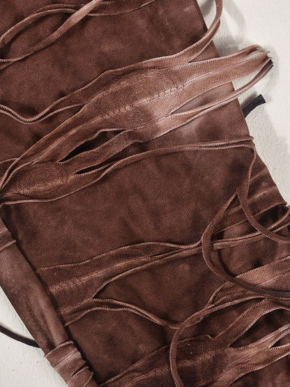 Fringe Lace-up Contract Color Slim Female Pants EMJP TRENDS