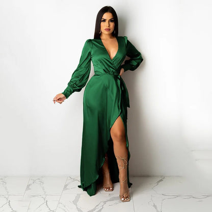 Bandage V-neck Long Sleeve maxi Dress