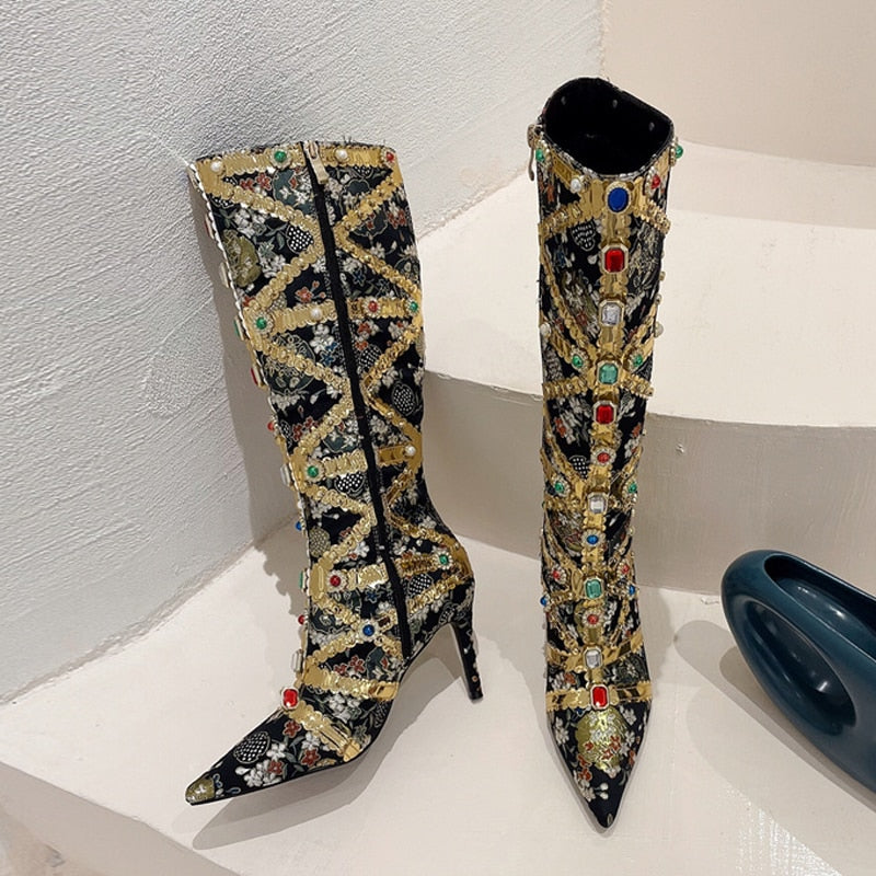 Knee High Boots Women Handwork Embroider Boots EMJP TRENDS