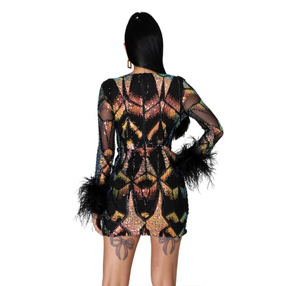 V-neck Dress Fashion Feather Mini dress