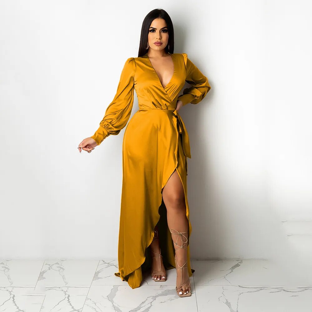 Bandage V-neck Long Sleeve maxi Dress