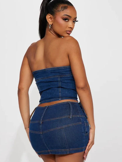 Women's Off Shoulder Jeans Crop Top Set