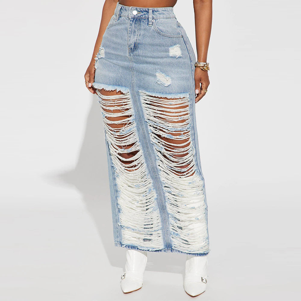 Ripped Maxi Long Deni Jean Skirts EMJP TRENDS