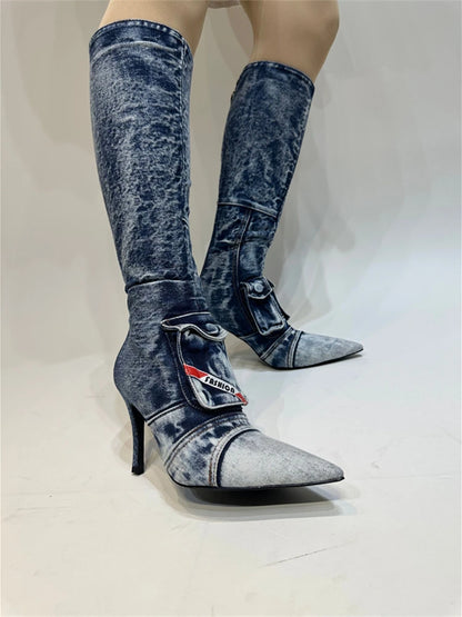 Women's Knee-High Boot Zipper Denim Boots