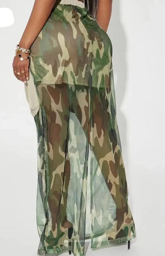 Mesh Patchwork Camouflage Cargo Skirt