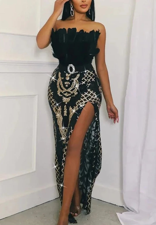 Feather Sequin Long Slit Corset Dress