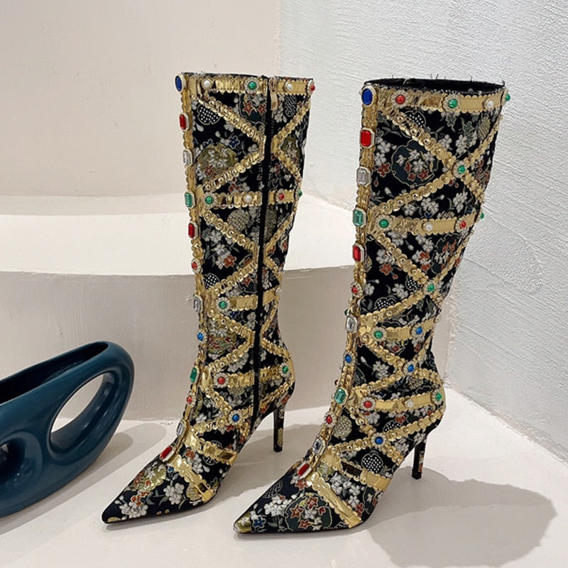 Knee High Boots Women Handwork Embroider Boots EMJP TRENDS