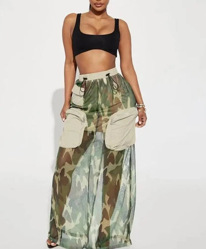 Mesh Patchwork Camouflage Cargo Skirt