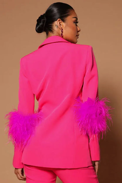 Fur Hem Long Sleeve Blazer Suit and Pants Suits