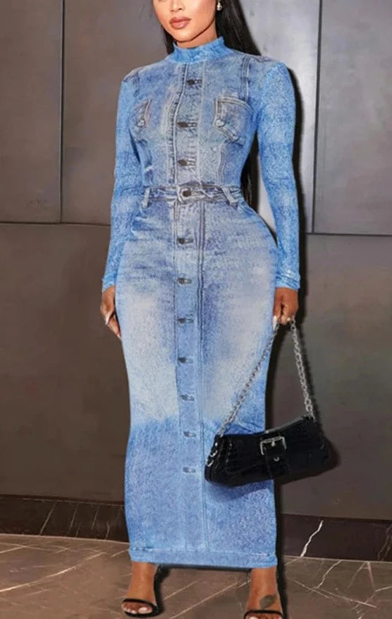 O-neck Fake 3d Printed Midi Maxi Dress