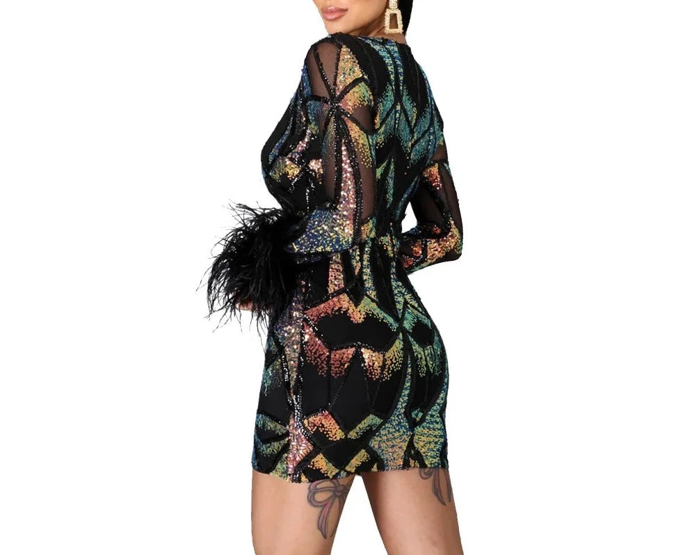 V-neck Dress Fashion Feather Mini dress