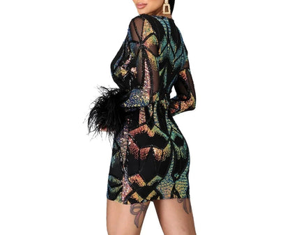 V-neck Dress Fashion Feather Mini dress