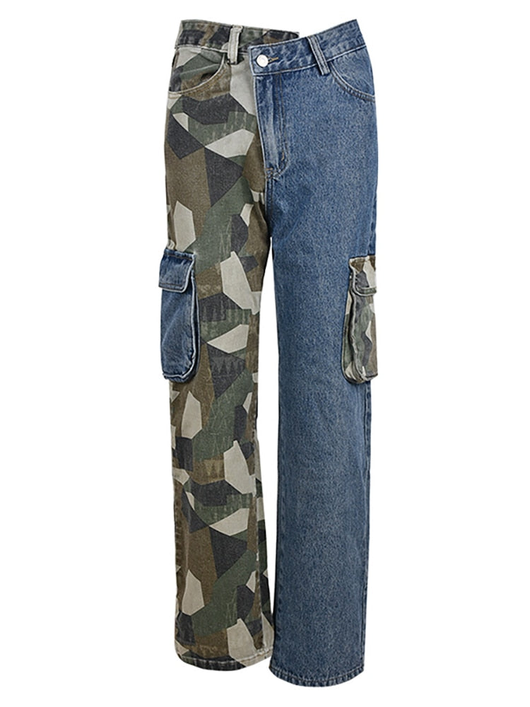 Patchwork High Waist Long Straight Camouflage Denim Pants EMJP TRENDS
