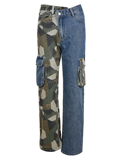 Patchwork High Waist Long Straight Camouflage Denim Pants EMJP TRENDS