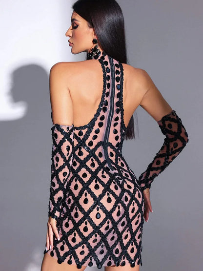 Beading Rhinestone Black Gloves Mini Dress