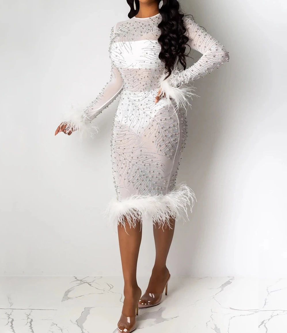 Beads Feather Bandage Dress