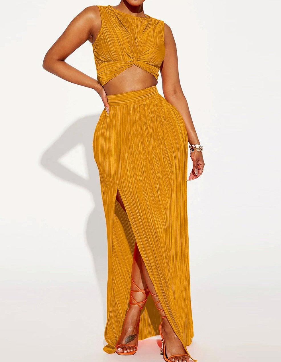 Pleated Women's Set Draped Hem Tank  Midi Maxi Outfit Set