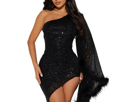 Tina Sequins One Cloak Sleeve Mini Dress