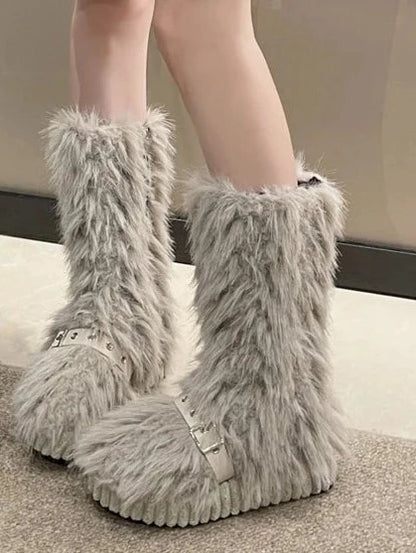 Fur Boots Side Zipper Knee High Booties