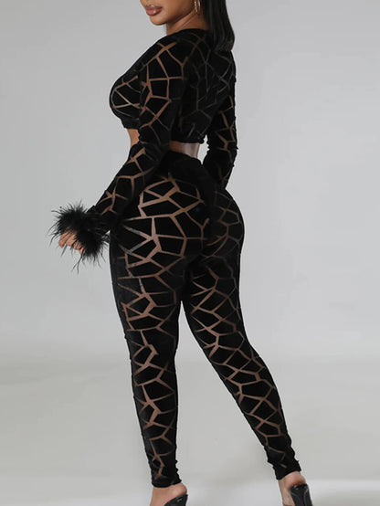 see through velvet mesh jumpsuit