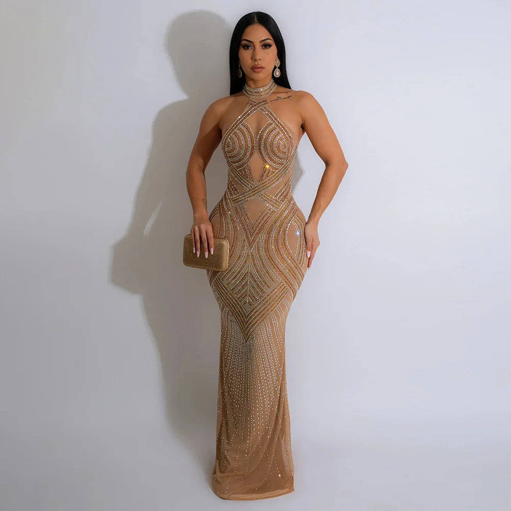 Mesh Diamonds Maxi Dress See Through