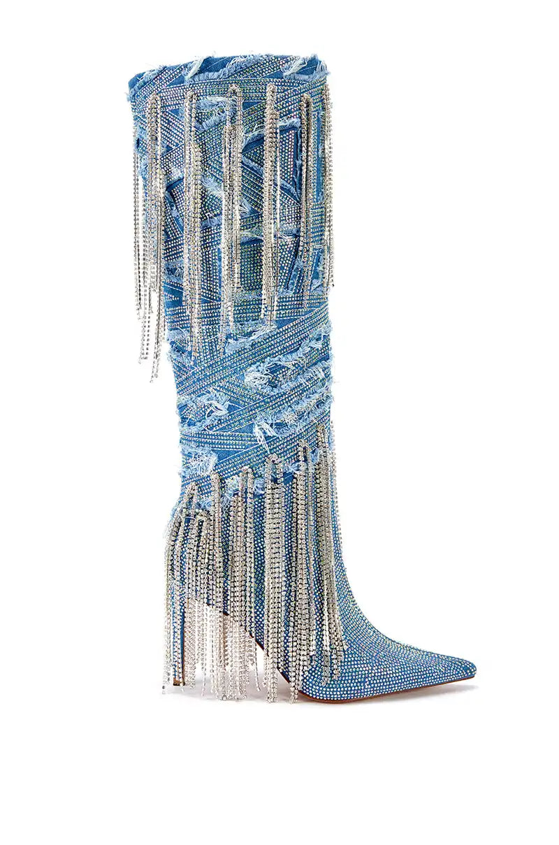 Thin Heels Long  Blue Denim Boots