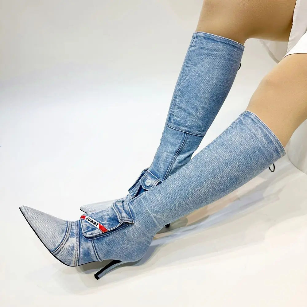 Women's Knee-High Boot Zipper Denim Boots