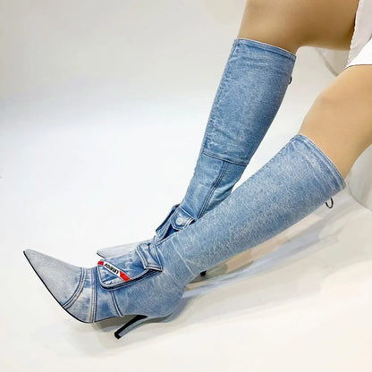 Women's Knee-High Boot Zipper Denim Boots