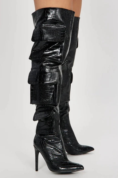 Stiletto High Heel Buckle Pointed Toe  Over The Knee Boots