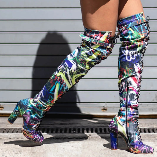 Graffiti Print Closed Toe Lace Up  Heel Boot