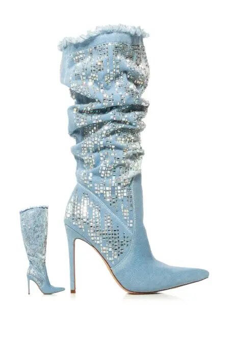 Light Blue Denim Knee High Boots
