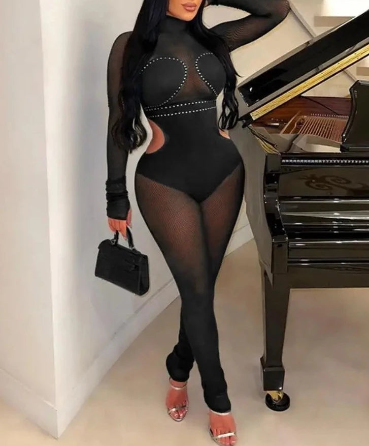 Women's Mesh Patchwork Rhinestone Jumpsuit