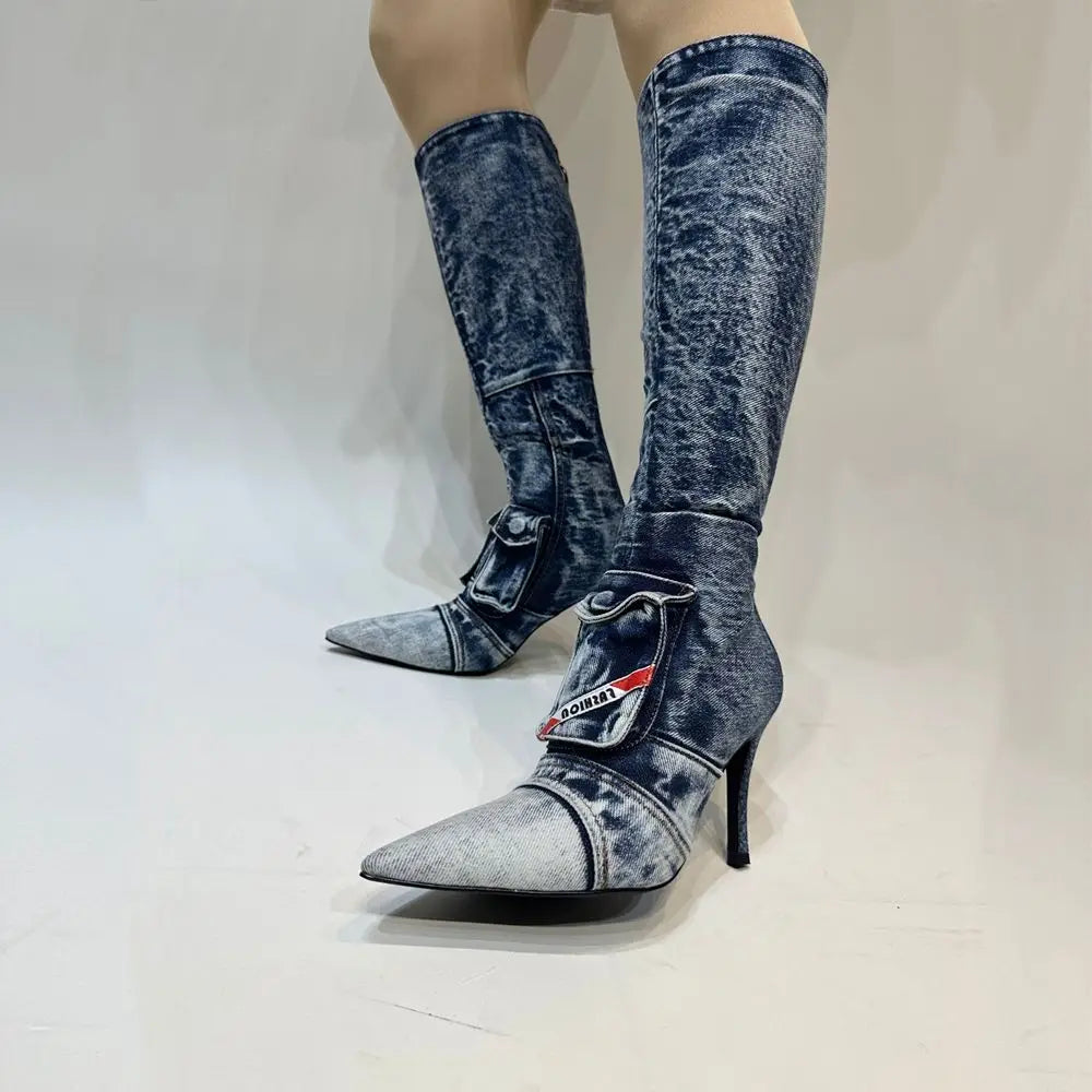 Women's Knee-High Boot Zipper Denim Boots